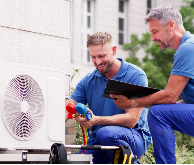 Two Men Installing Air Conditioner in Calgary